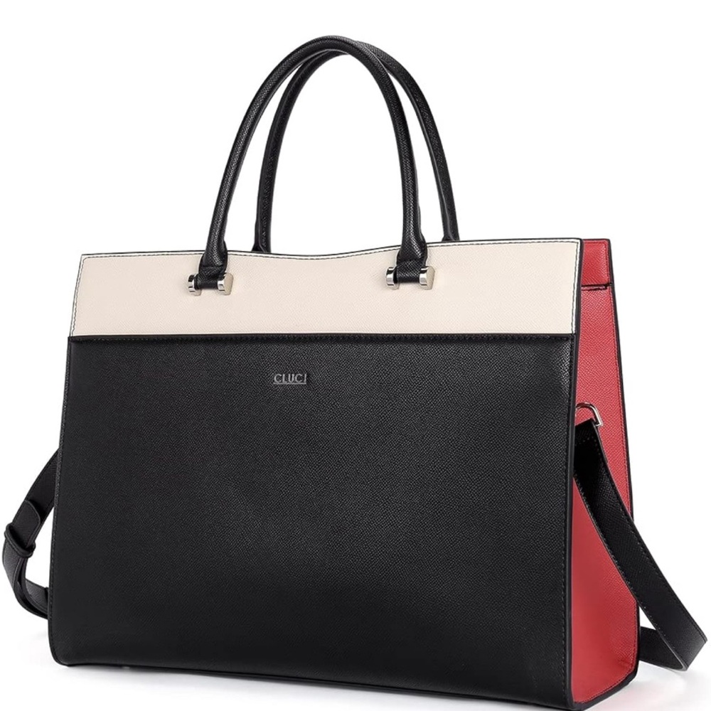 BNWT CLUCI Women Briefcase Leather Laptop Bag for Women 15.6” black, red & white